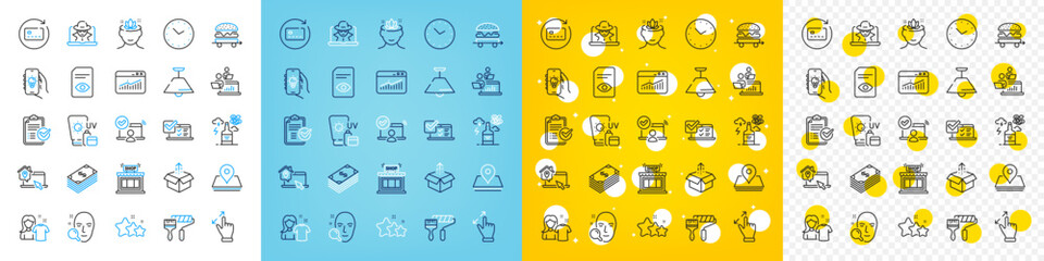 Vector icons set of View document, Send box and Work home line icons pack for web with Ceiling lamp, Sunscreen, Online access outline icon. Teamwork, Online survey, Alcohol addiction pictogram. Vector