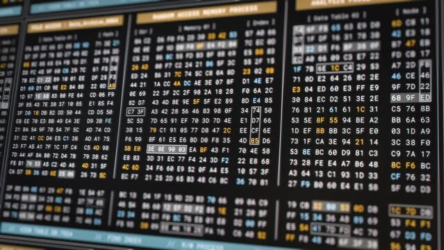 Computer memory code encryption technology for high security. Big Data Analysis process in low level programming to reverse engineering software, digital binary hexadecimal number display 3D rendering