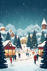 A minimal cartoon Christmas poster with people in the foreground and traditional buildings in the background. Snow and festive lights. Generative AI.