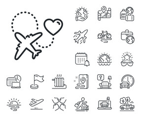 Love trip sign. Plane jet, travel map and baggage claim outline icons. Honeymoon travel line icon. Valentines day flight symbol. Honeymoon travel line sign. Car rental, taxi transport icon. Vector