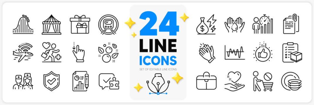 Icons Set Of Puzzle, Metro Subway And Handbag Line Icons Pack For App With Patient, Doctor, Wash Hands Thin Outline Icon. Circus Tent, Report Document, Business Statistics Pictogram. Vector