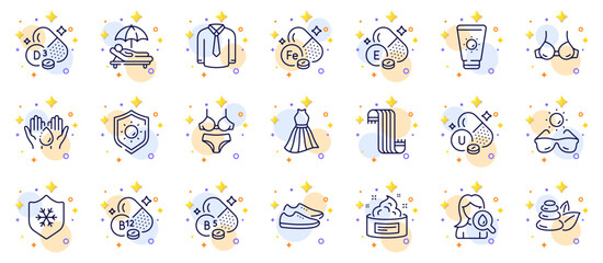 Outline set of Dress, Shirt and Shoes line icons for web app. Include Sunglasses, Moisturizing cream, Sun protection pictogram icons. Bra, Pantothenic acid, Sunscreen signs. Vitamin u. Vector