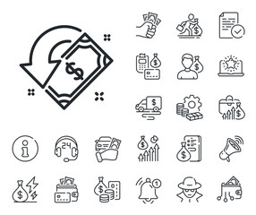 Send or receive money sign. Cash money, loan and mortgage outline icons. Cashback line icon. Cashback line sign. Credit card, crypto wallet icon. Inflation, job salary. Energy prices growth. Vector