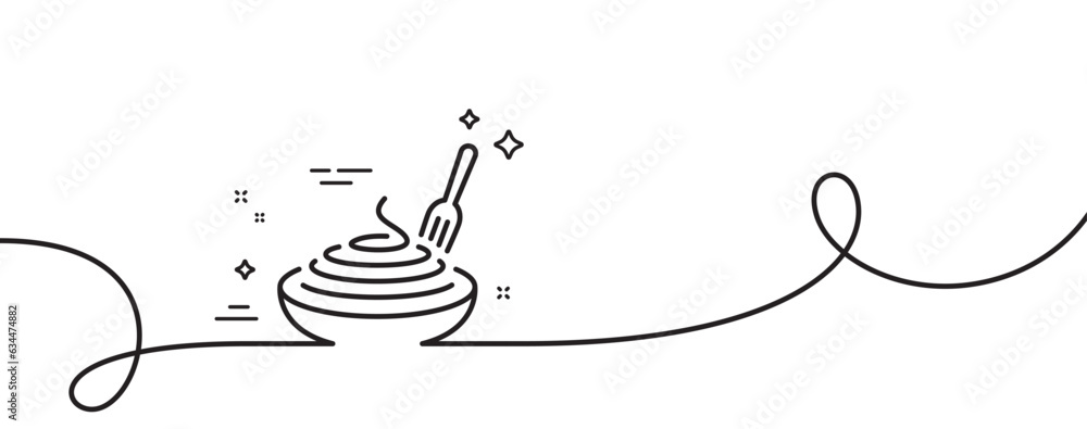 Poster pasta dish line icon. continuous one line with curl. plate with macaroni sign. food bowl with fork s