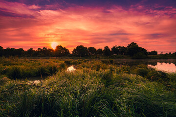 Fototapeta na wymiar Dzika rzeka Wisła, kolorowy pejzaż, poranek, słońce i letni wschód