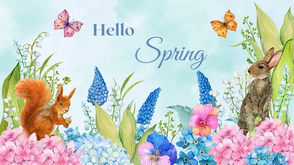 Fototapeta na wymiar Blue Pink Watercolor Spring Animals Facebook Cover - 1