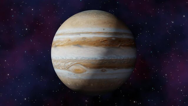 Planet Jupiter view from outer space and twinkling stars in the Milky Way galaxy 3d render. Solar system planets concept, sci-fi, space exploration and discovery of habitable terrestrial planets