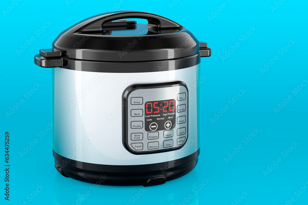 Poster automatic multicooker on blue background, 3d rendering