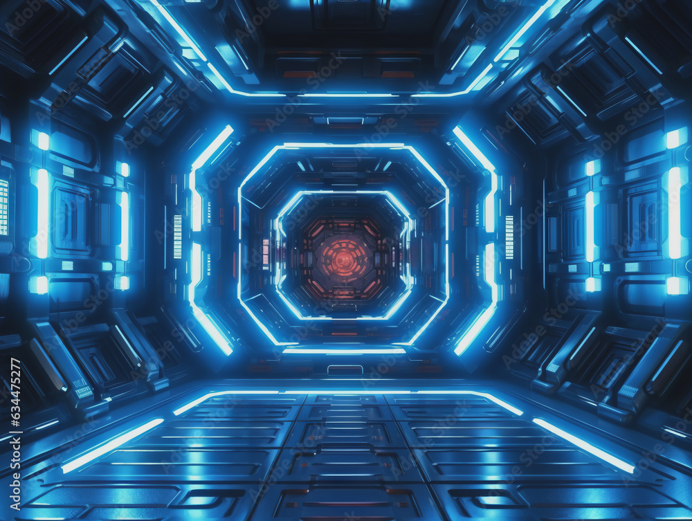 Poster blue futuristic space tunnel corridor with glowing lights. generative ai
