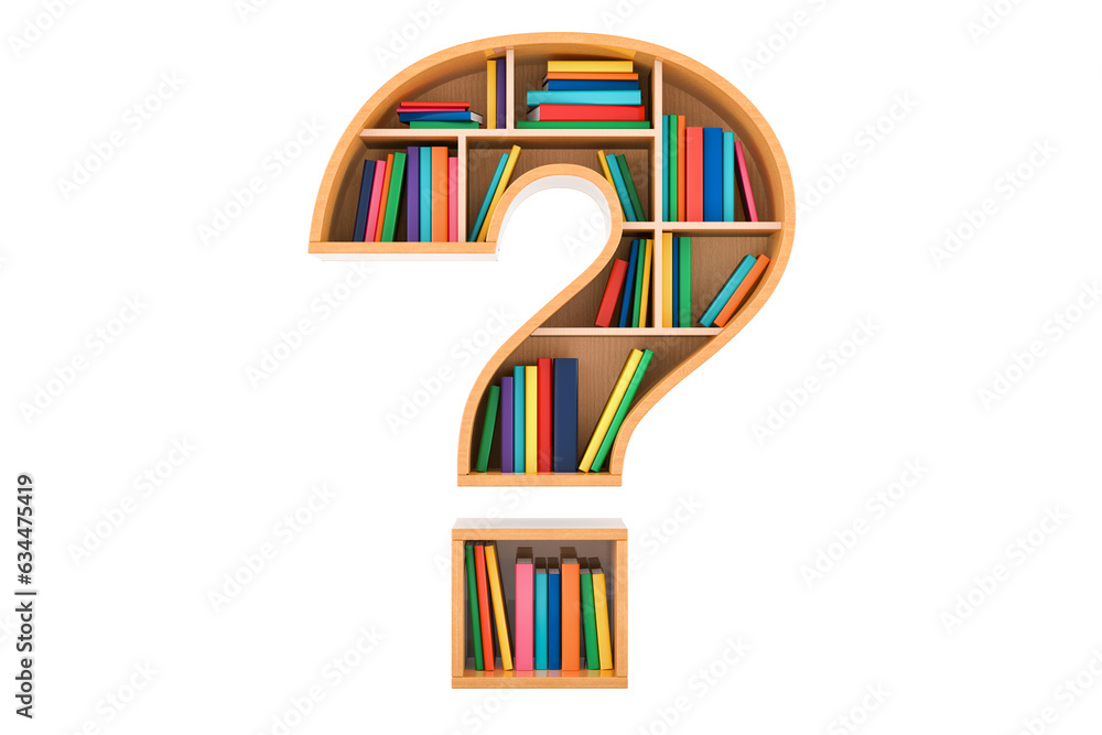 Fototapete question mark as bookshelf with books. search and education concept, 3d rendering isolated on transp