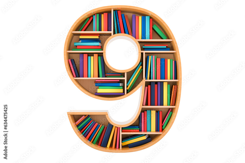 Fototapete number 9 in the form of shelves with books, 3d rendering isolated on transparent background