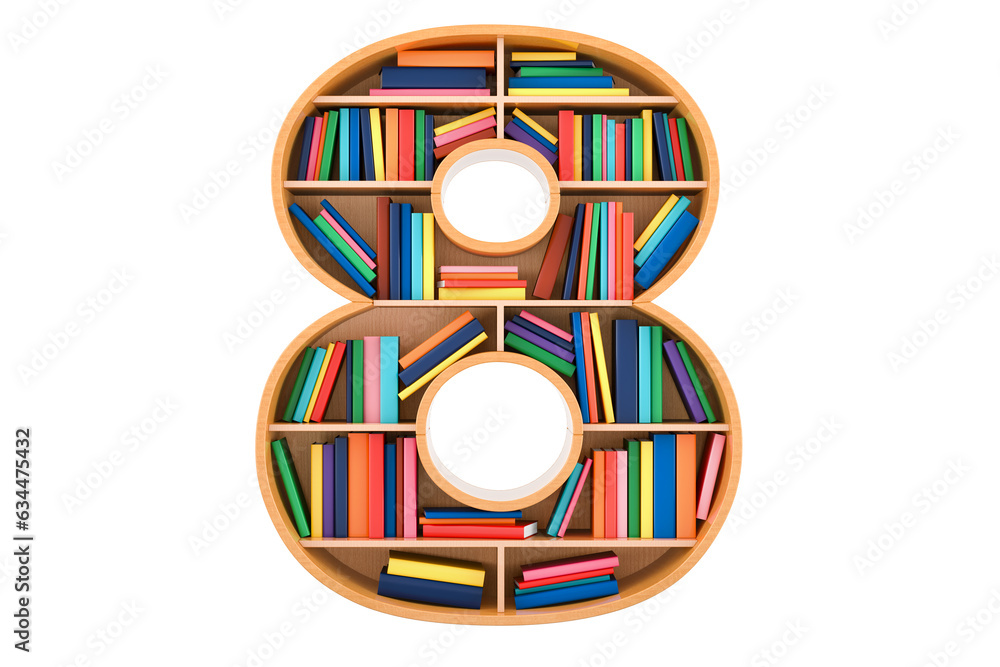 Fototapete number 8 in the form of shelves with books, 3d rendering isolated on transparent background