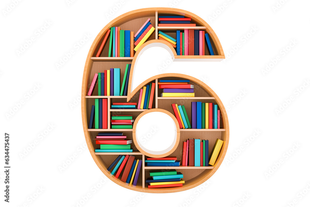 Fototapete number 6 in the form of shelves with books, 3d rendering isolated on transparent background
