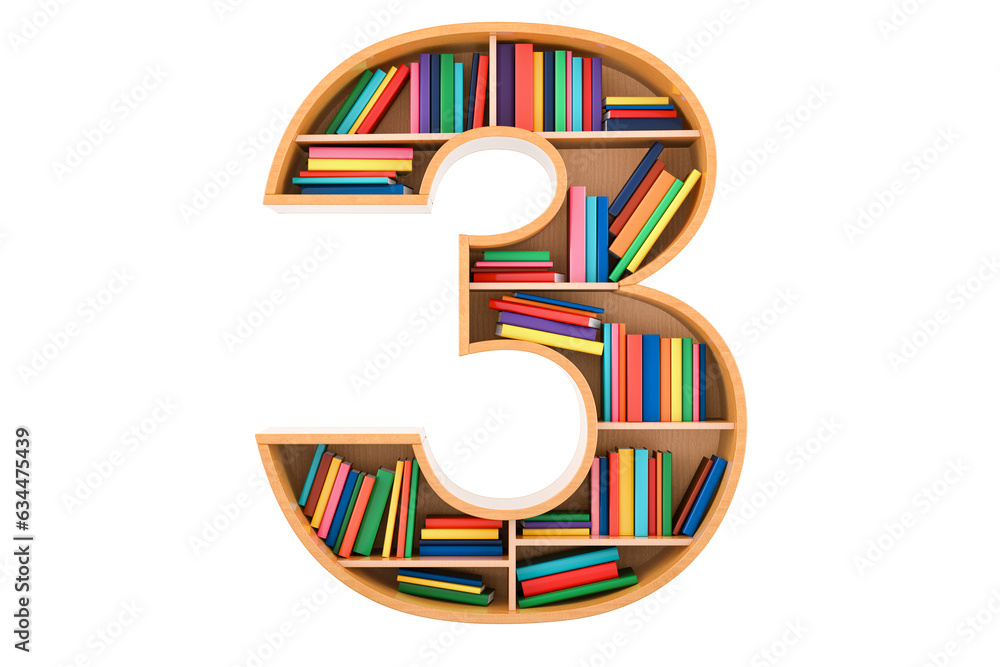 Fototapete number 3 in the form of shelves with books, 3d rendering isolated on transparent background