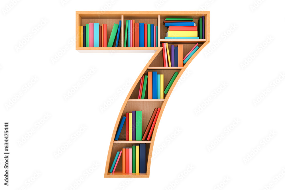 Fototapete number 7 in the form of shelves with books, 3d rendering isolated on transparent background
