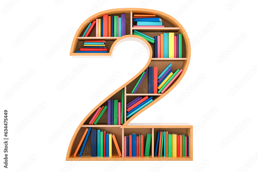 Fototapete number 2 in the form of shelves with books, 3d rendering isolated on transparent background