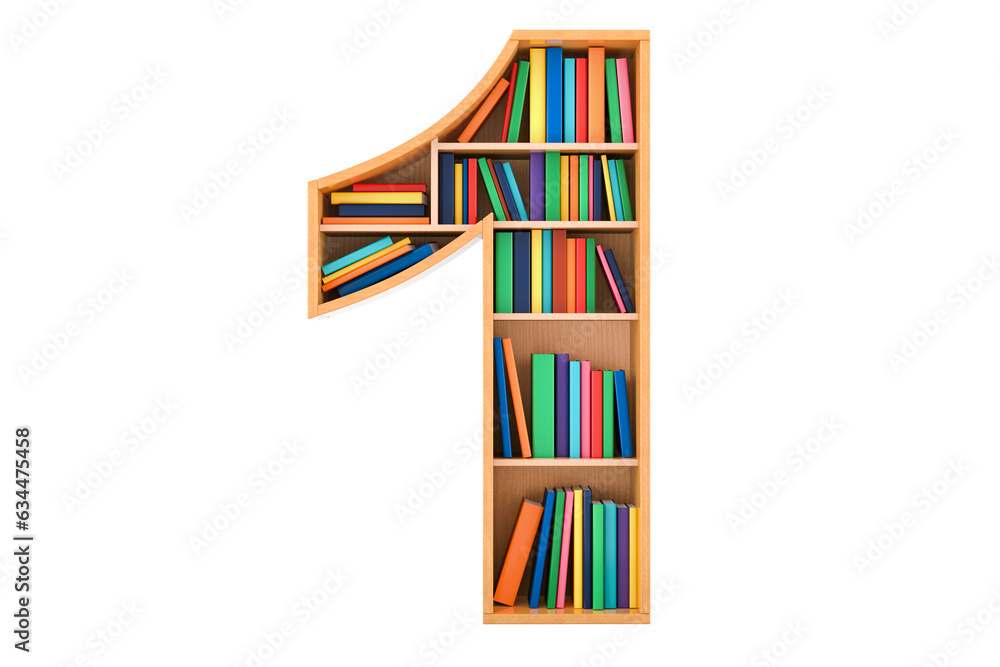 Fototapete number 1 in the form of shelves with books, 3d rendering isolated on transparent background