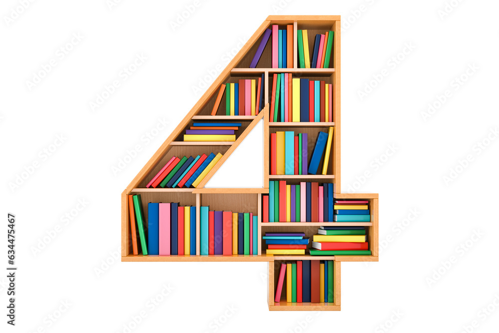 Fototapete number 4 in the form of shelves with books, 3d rendering isolated on transparent background