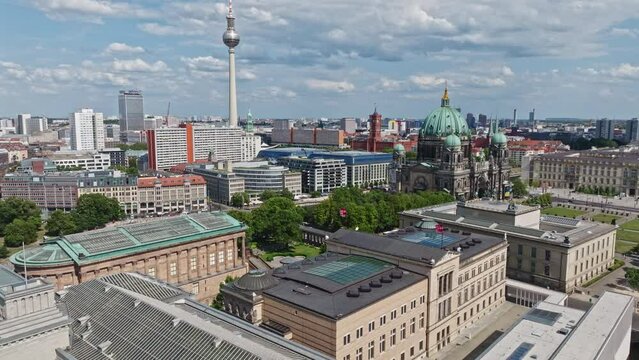Aerial drone view of the Mitte district or city center in Berlin, Germany.