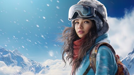 Fototapeta na wymiar Beautiful girl in the mountains, snowboarder. AI generation