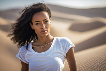 Fototapeta premium Desert Elegance: Striking Black Beauty Shines in a Stunning White Ensemble in the Sahara, ai generative