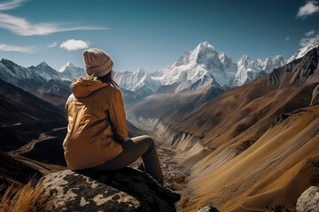 Fototapeta premium Mountain Serenity: Capturing the Stillness as a Woman Finds Solace in Nepal's Himalayas, ai generativ