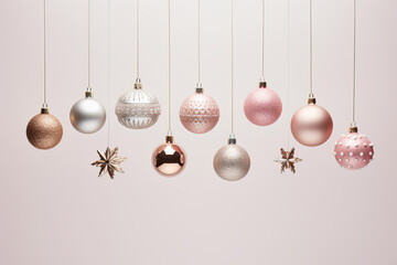 A simple New Year arrangement of Christmas ornaments and golden stars hanging on strings. The...