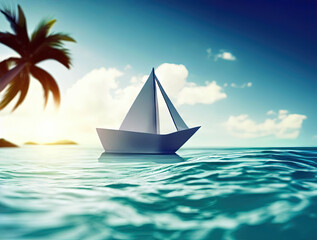 Tropical island with palm trees and sail boat on sea