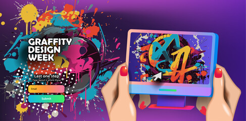 Graffiti-style web banner and office computer in hand