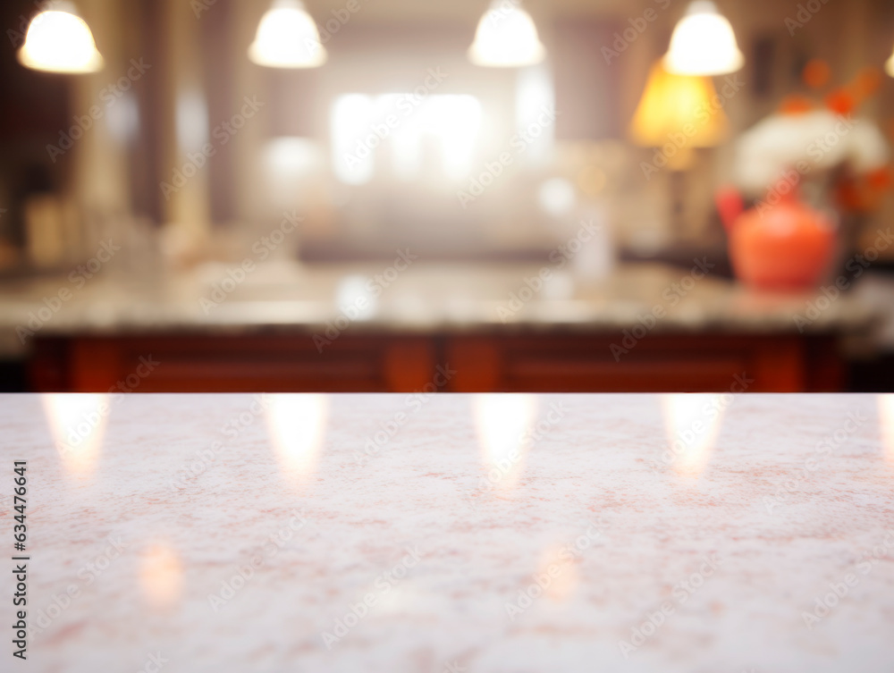 Aufkleber empty white marble table top and blurred background of modern kitchen, product display montage. gene