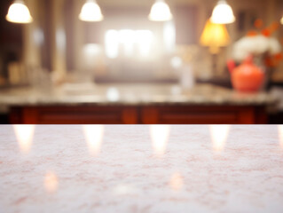 Empty white marble table top and blurred background of modern kitchen, product display montage. Generative AI