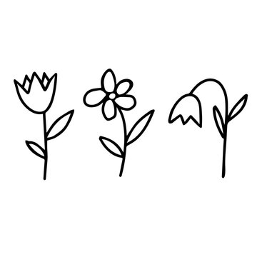 Black Vector illustration of a group of three different flowers with leaves isolated on a white background