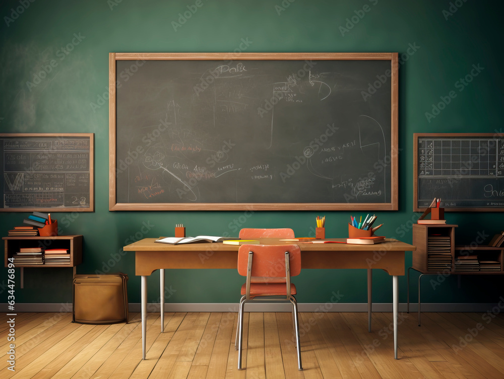 Aufkleber interior of a classroom with blackboard and table. generative ai