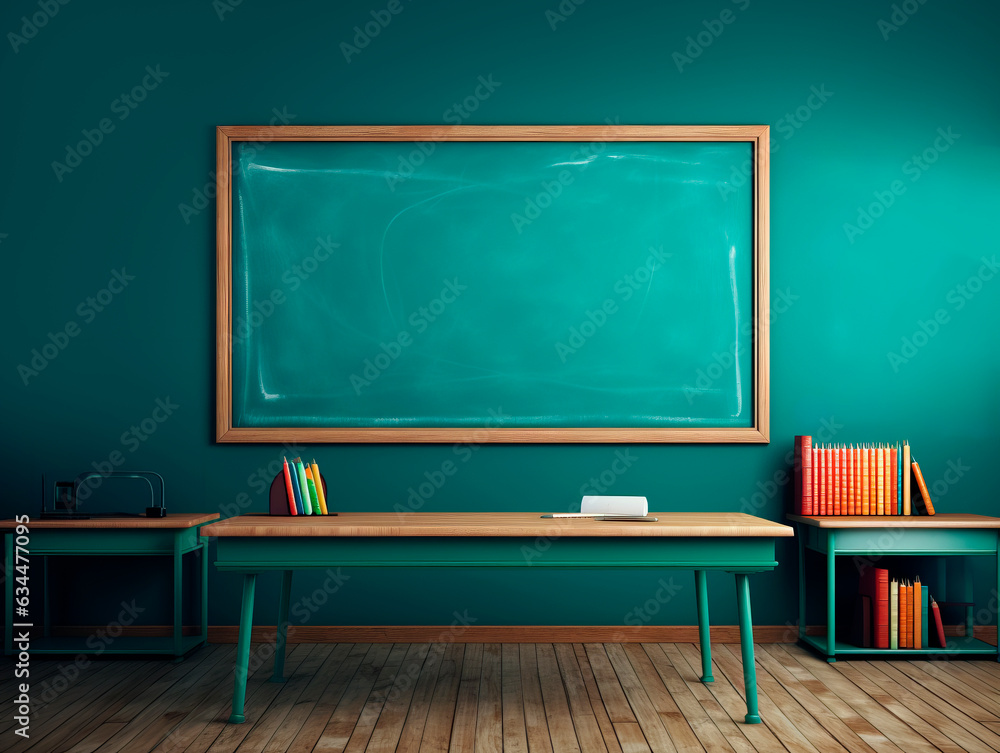 Poster school classroom interior with empty chalkboard on green wall. mock up. generative ai