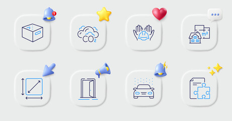 Square area, Open door and Office box line icons. Buttons with 3d bell, chat speech, cursor. Pack of Co2, Car wash, Floor plan icon. Builders union, Strategy pictogram. For web app, printing. Vector