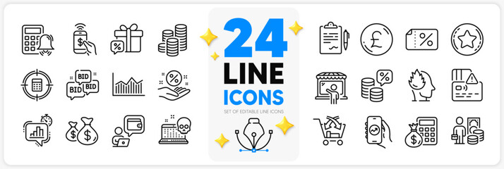 Icons set of Calculator target, Loyalty star and Calculator alarm line icons pack for app with Card, Stress, Wallet thin outline icon. Money tax, Money diagram, Coins pictogram. Vector