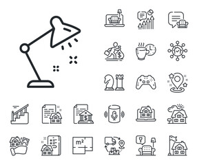 Bedside light sign. Floor plan, stairs and lounge room outline icons. Table lamp line icon. Interior illuminate symbol. Table lamp line sign. House mortgage, sell building icon. Real estate. Vector