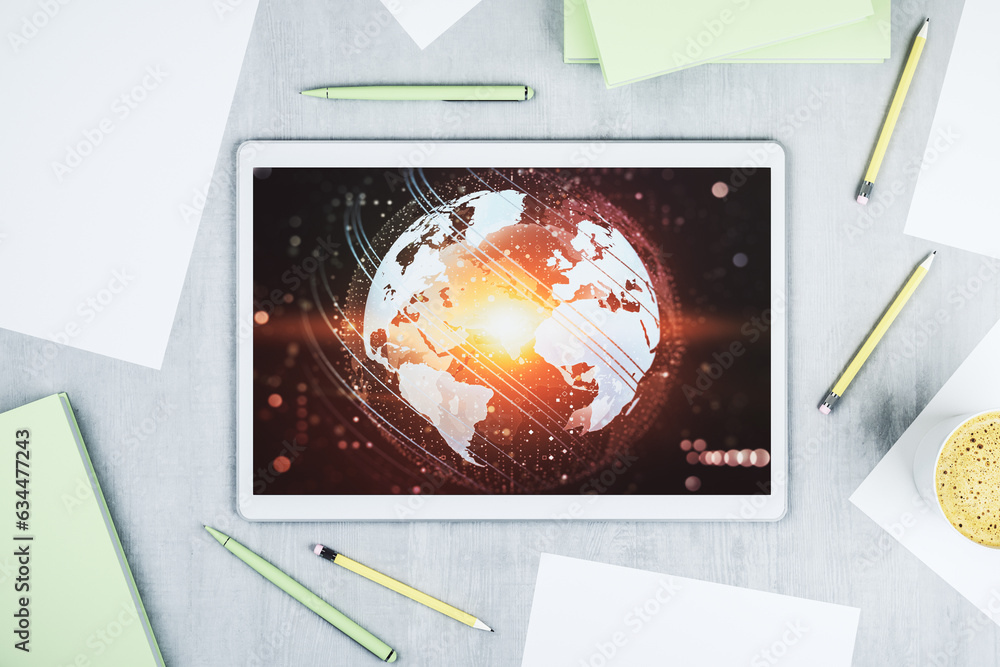 Poster top view of modern digital tablet display with abstract graphic world map, big data and networking c