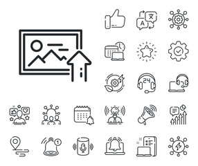 Fototapeta premium Image thumbnail sign. Place location, technology and smart speaker outline icons. Upload photo line icon. Picture placeholder symbol. Upload photo line sign. Influencer, brand ambassador icon. Vector