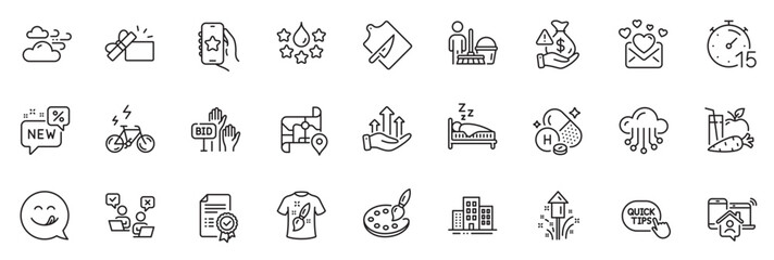Fototapeta na wymiar Icons pack as Favorite app, Timer and Cleaning line icons for app include Cutting board, Love mail, Palette outline thin icon web set. Buildings, Sleep, Work home pictogram. Certificate. Vector