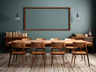 Classroom interior with empty chalkboard, wooden table and chairs. Mockup. Generative AI