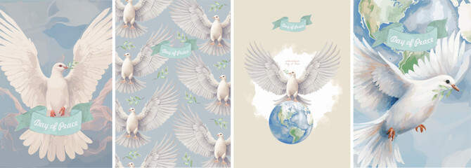 International Day of Peace. Vector illustration of dove of peace, planet earth, pattern and sky for anti war poster, vintage greeting card or background