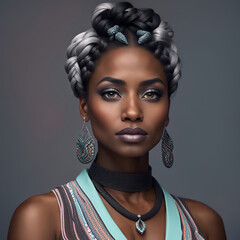Beautiful Black female model with intricately braided black and gray hair, from shoulders up, wearing ethnic inspired jewelry.