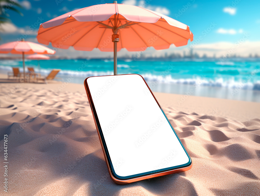 Poster smartphone with a white screen on the beach. generative ai