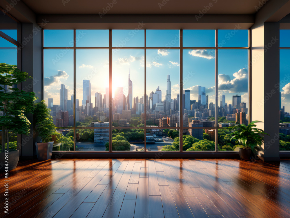 Poster Empty room with panoramic window and city view. Generative AI