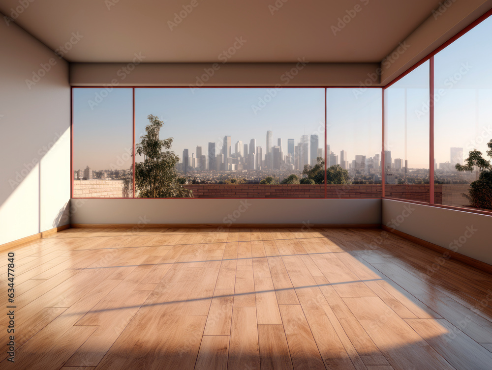 Poster empty room with big window and city view. generative ai