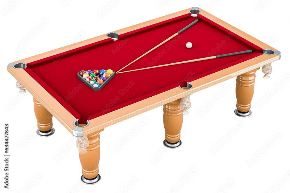 Poster red billiard table with balls and cue, 3d rendering isolated on transparent background