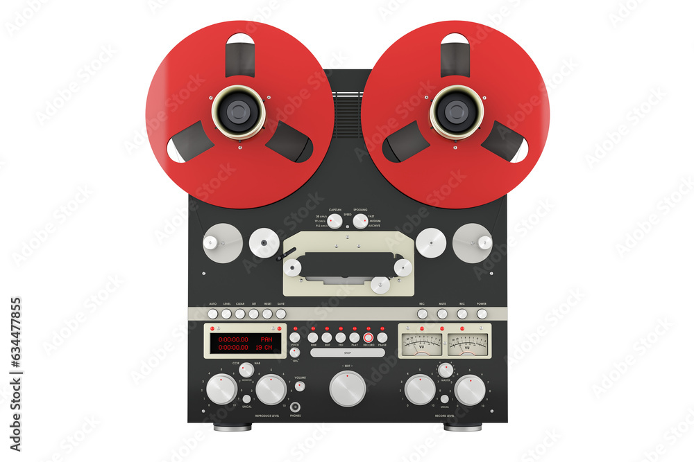 Poster retro reel-to-reel tape recorder, front view. 3d rendering isolated on transparent background