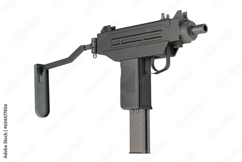 Poster submachine gun, closeup. 3d rendering isolated on transparent background