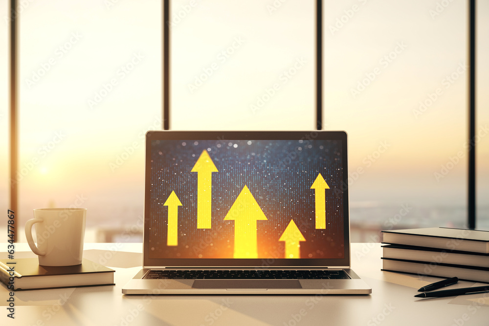 Poster modern computer monitor with creative abstract upward arrows hologram. ambition and challenge concep